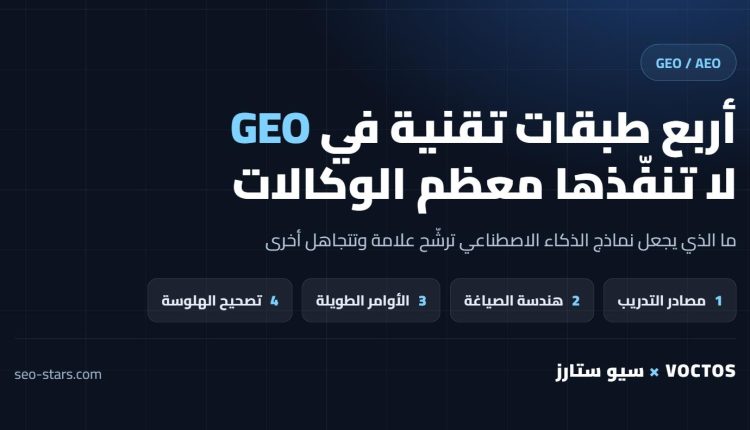 أربع طبقات تقنية في GEO: مصادر التدريب، هندسة الصياغة، الأوامر الطويلة، تصحيح الهلوسة