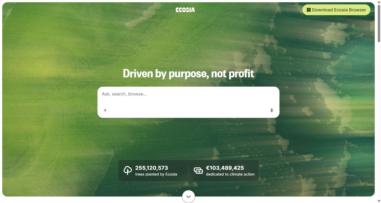 الصفحة الرئيسية لمحرك البحث الألماني Ecosia مع عدّاد الأشجار المزروعة