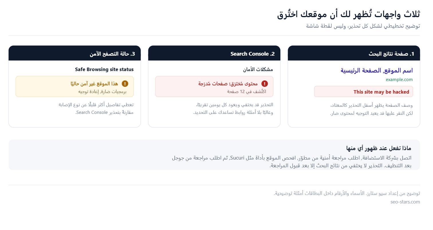 توضيح لثلاث واجهات تُظهر اختراق الموقع: تحذير This site may be hacked في نتائج البحث، وتقرير مشكلات الأمان في Search Console، وحالة التصفح الآمن